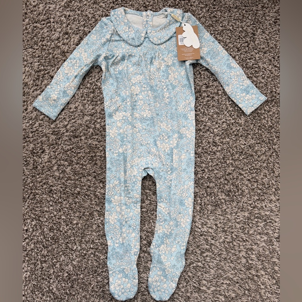 NWT Angel Dear Smocked Peter Pan Footie Blue Meadow Floral 6-9M - Picture 4 of 8